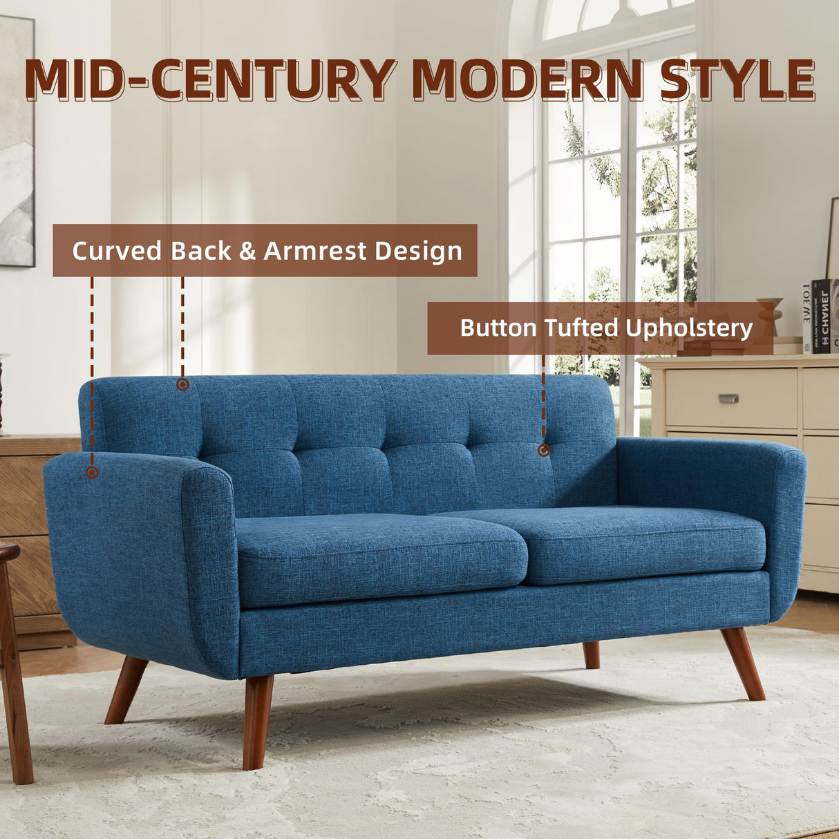 Tbfit 65" W Loveseat Sofa, Mid Century Modern Decor Love Seat Sofas and Couches for Living Room, Button Tufted Upholstered Small Couch for Bedroom, Solid and Easy to Install Love Seats Furniture, Blue Tbfit