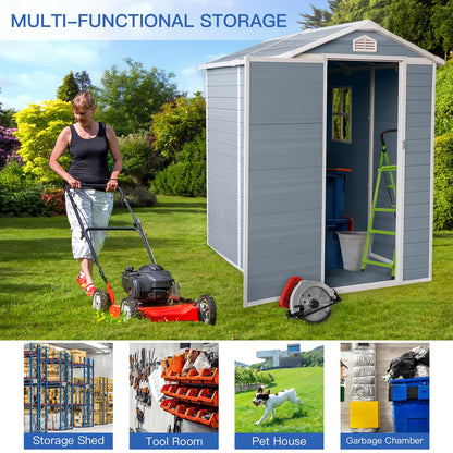 6x4 FT Resin Outdoor Storage Shed with Floor,All-Weather Outdoor Shed with Lockable Door,Window & Sloped Roof,Plastic Outside Tool Storage for Garden,Backyard,Patio,Lawn,Gray