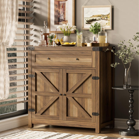 JUMMICO Coffee Bar Cabinet Farmhouse Kitchen Sideboard Buffet Cabinet with Drawer and Adjustable Shelf Barn Door Storage Cabinet for Kitchen, Dining Room, Bathroom, Entryway (Brown) JUMMICO