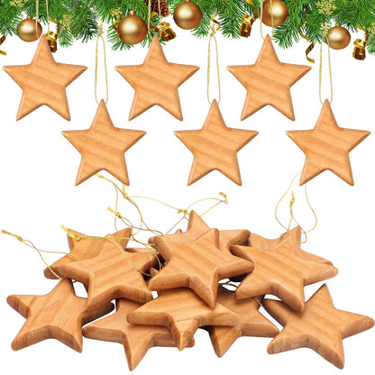 Henoyso 12 Pcs Handcrafted Wood Star Ornaments Star Hanging Christmas Tree Ornaments 2.8" Wood Star Christmas Hanging Decorations for Christmas Tree Winter New Year Party Supplies