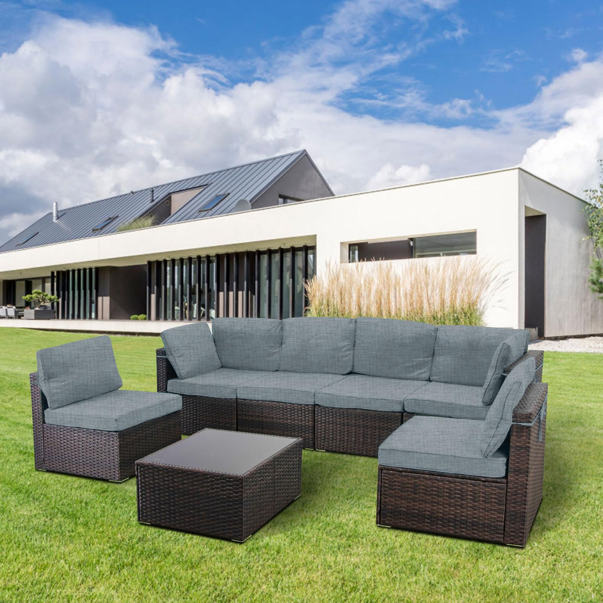 LAFWELL 7 Pieces Outdoor Patio Furniture Sets,Rattan Conversation Sectional Set,Manual Weaving Wicker Patio Sofa with Tea Table LAFWELL