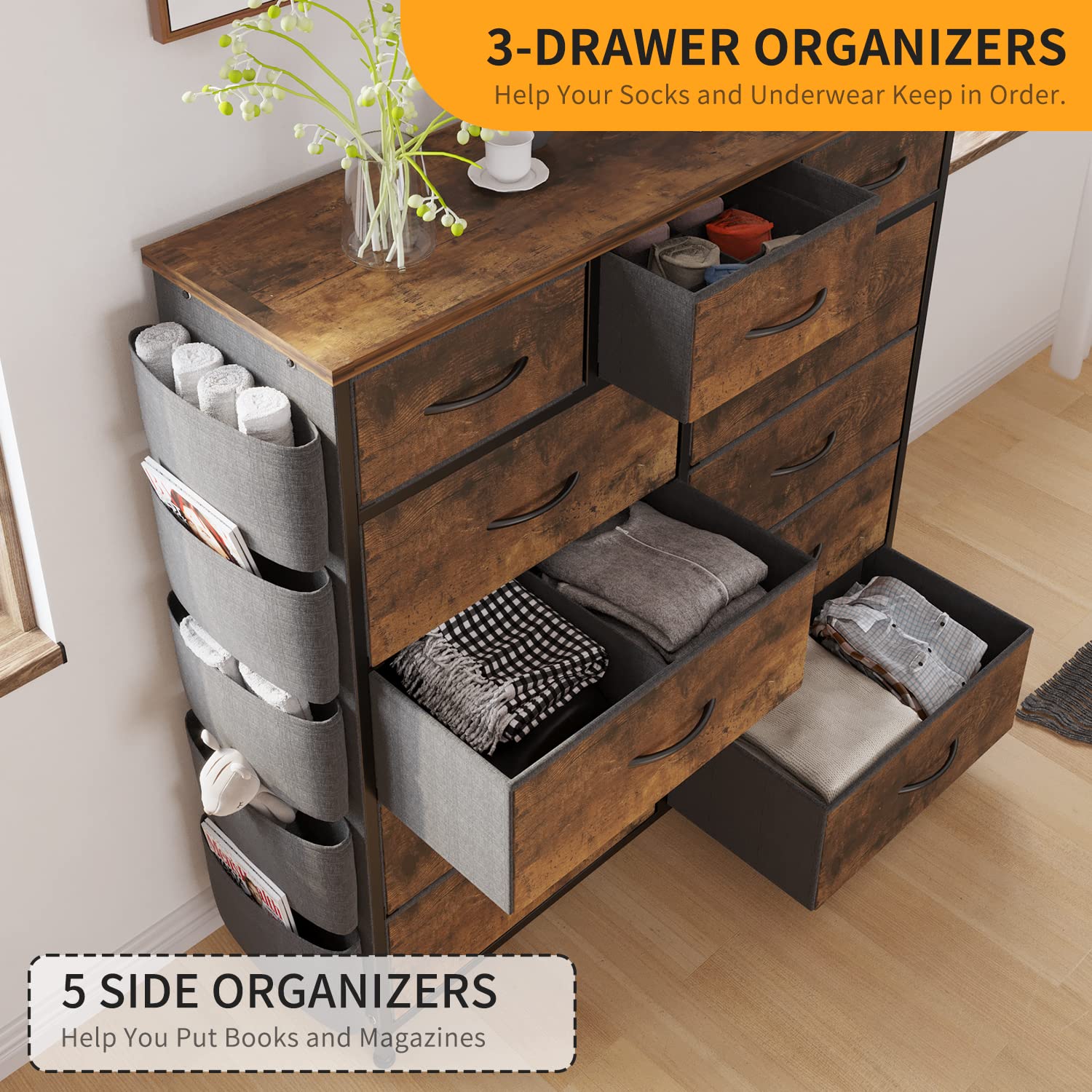 LIVEHOM Dresser for Bedroom with 11 Drawer, Dressers & Chests of Drawers with Side Pockets, Hooks, Fabric Storage Drawer, Steel Frame, Wood Top, Organizer Unit and Pull Handle for Closet. - WoodArtSupply