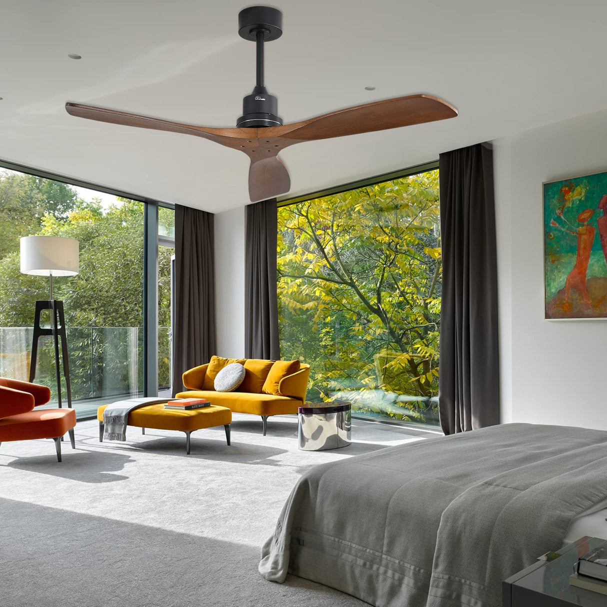 Sofucor 52 Inch Solid Wood Ceiling Fan without Light 3 Blades Ceiling Fan No Light with Remote, 6 Speeds with Reversible DC Motor for Living Room Bedroom Patio With Cover Sofucor