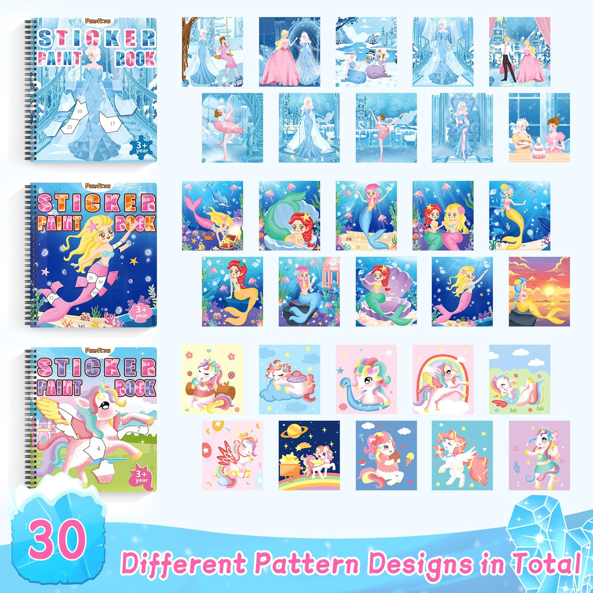 PERRYHOME 3PCS Sticker by Number Paint Books for Girls Ages 4-8, Unicorn Mermaid Frozen Themes Sticker Activity Books, Girls Crafts Party Birthday Christmas Gifts Toys PERRYHOME