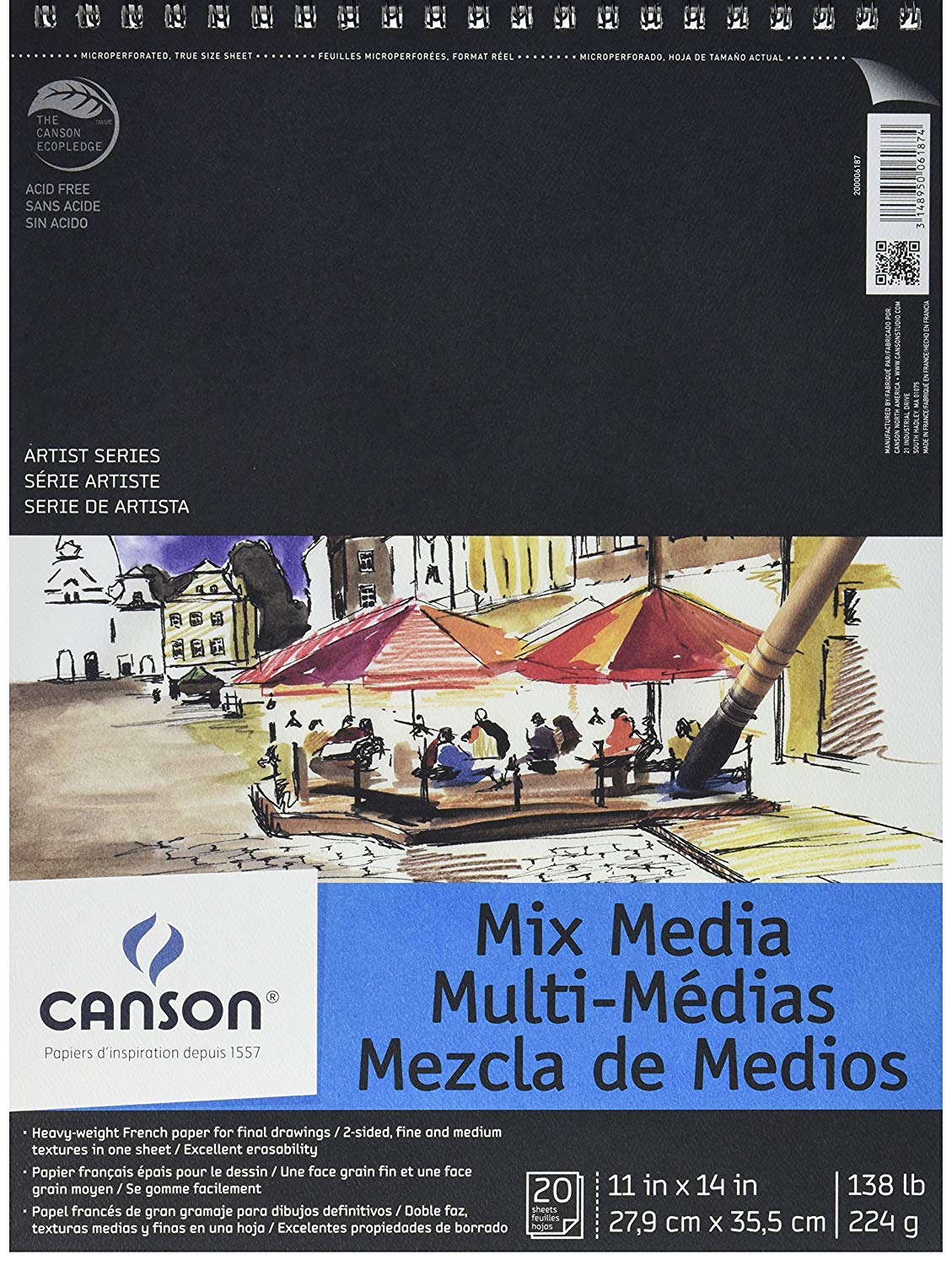 Canson Artist Series Mixed Media Paper, Wirebound Pad, 9x12 inches, 20 Sheets (138lb/224g) - Artist Paper for Adults and Students - Watercolor, Gouache, Graphite, Ink, Pencil, Marker Canson