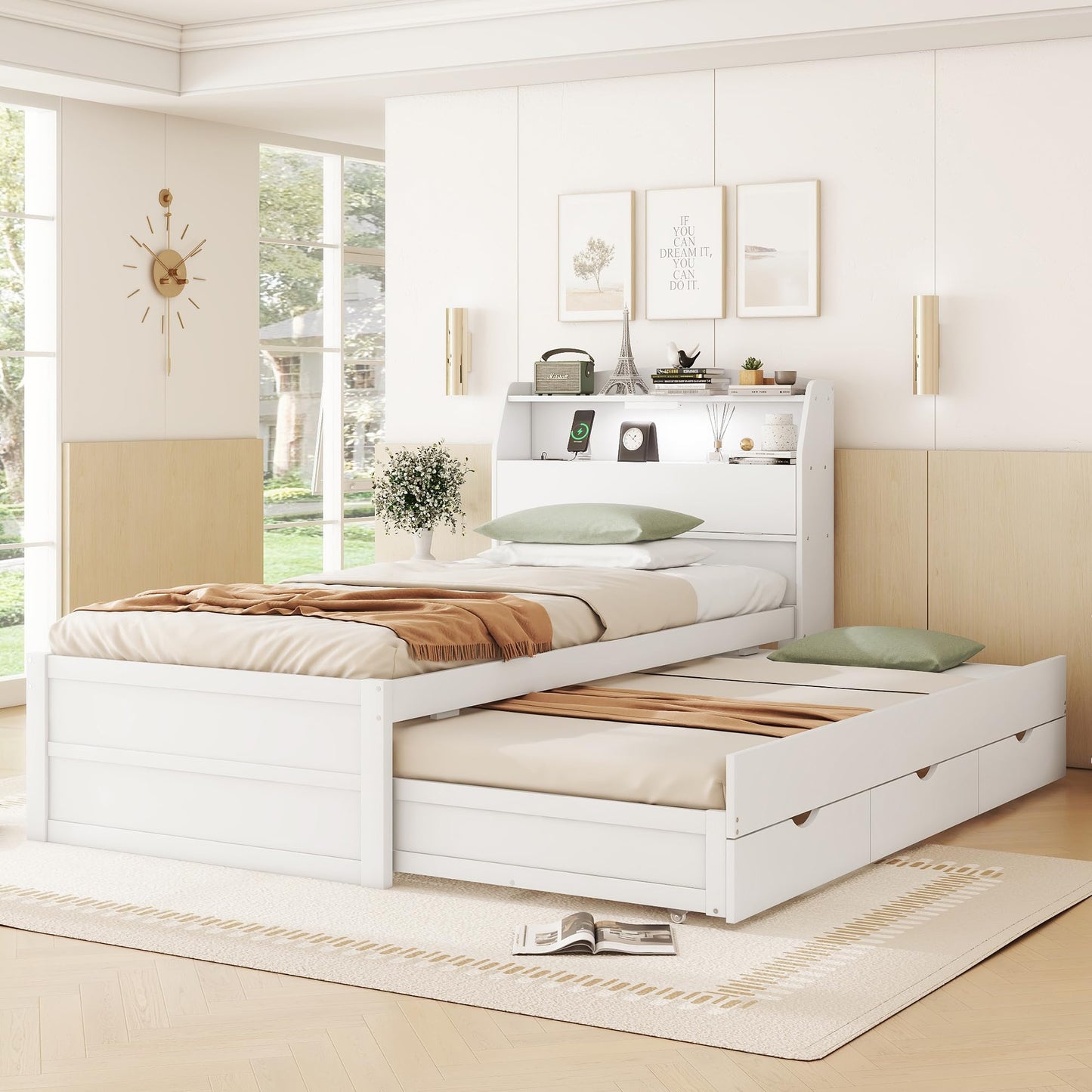 MERITLINE Twin Size LED Platform Bed with Trundle, Storage Drawers, and Bookcase Headboard in White - WoodArtSupply