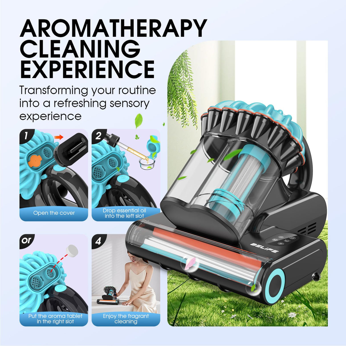 Belife M8 Mattress Vacuum Cleaner, Anti-allergen Bed Vacuum Cleaner with UV & Hot Air & High Heating, 550W 18Kpa Powerful Suction Double-Cup Handheld Vacuum for Bed, Couch, Sofa, Corded (Blue) Belife