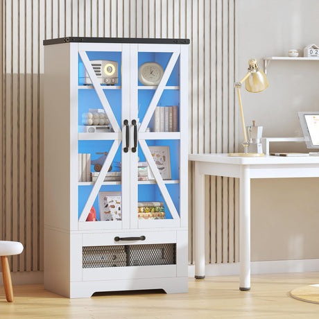 Semoic 47" Display Storage Cabinet with Adjustable Shelves，Pantry Storage Cabinet with LED Light， 4-Tier Curio Showcase with Drawer for Toys, Books, Collection, White Semoic