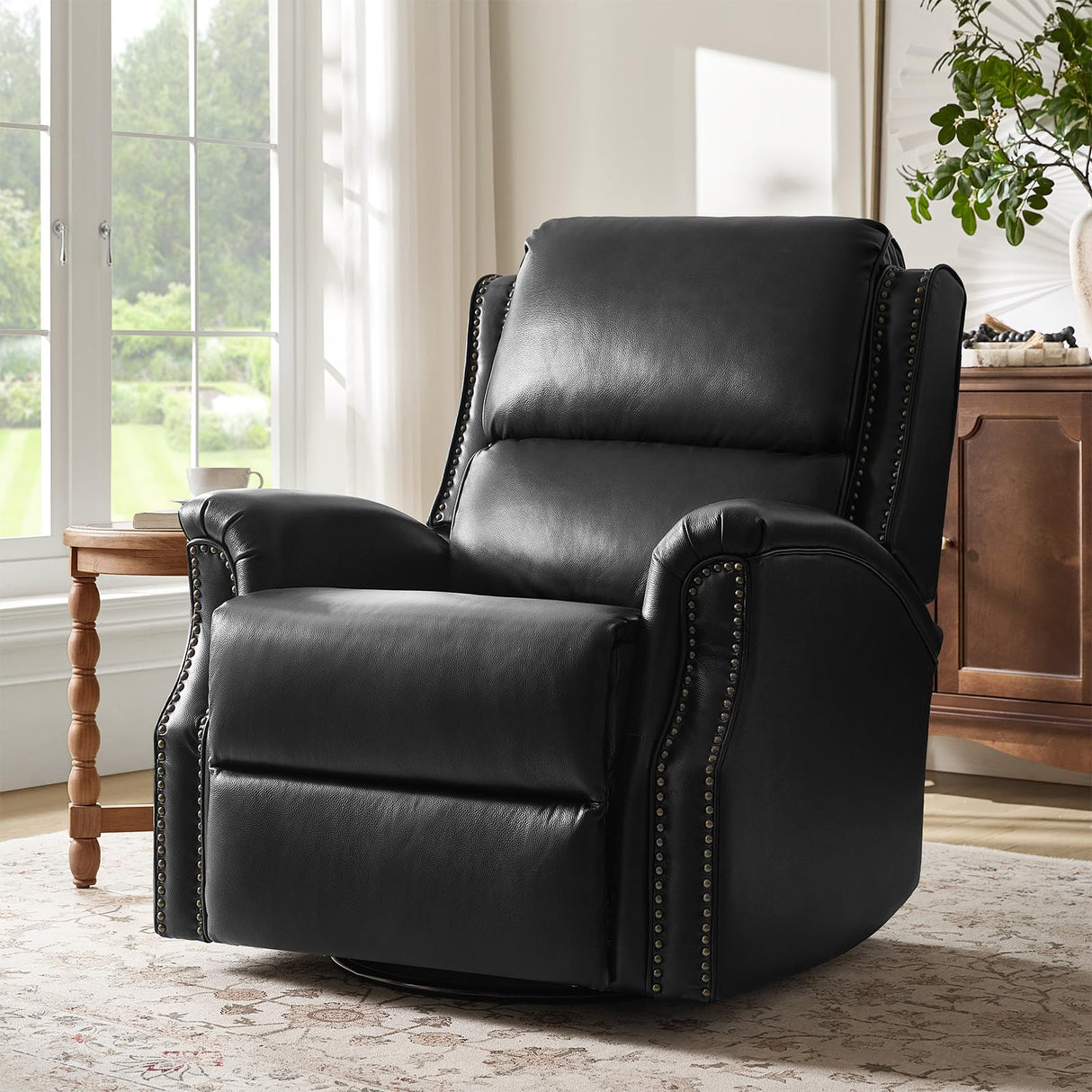 HULALA HOME Genuine Leather Recliner Chair, 360 Swivel Rocker Chair with Thick Seat, Classic Push Back Armchair with Backrest, Nailhead Trim, Black HULALA HOME