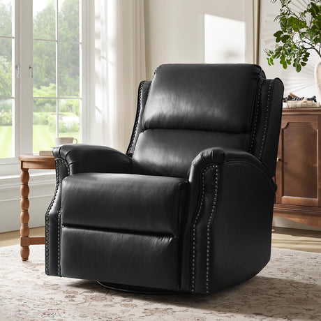 HULALA HOME Genuine Leather Recliner Chair, 360 Swivel Rocker Chair with Thick Seat, Classic Push Back Armchair with Backrest, Nailhead Trim, Black HULALA HOME