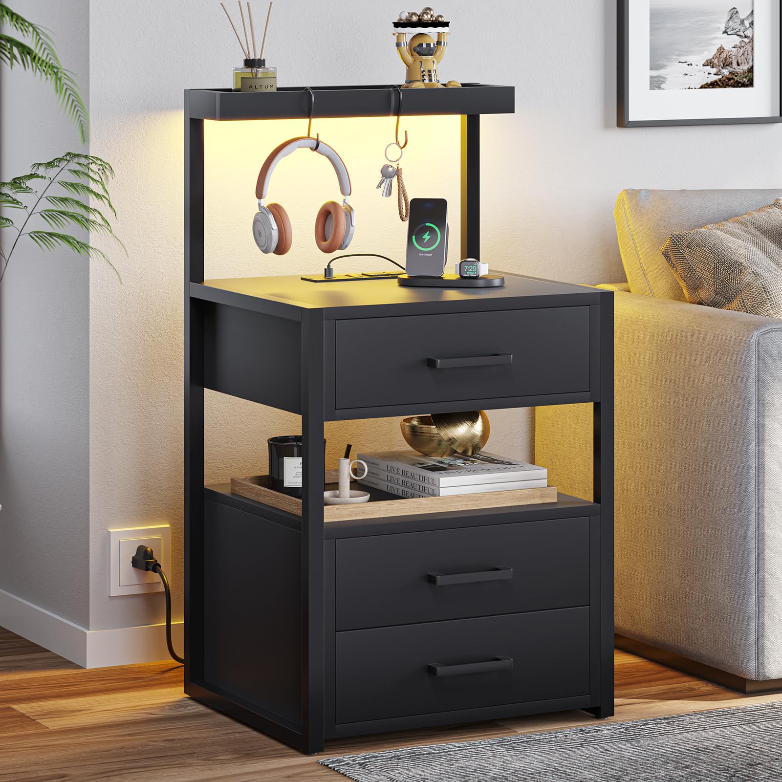 VIAGDO Led Nightstand with Charging Station, 3 Drawers Night Stands with Led Lights, Black Bedside Tables with Storage Shelves, Modern End Side Tables for Bedroom, Office - WoodArtSupply