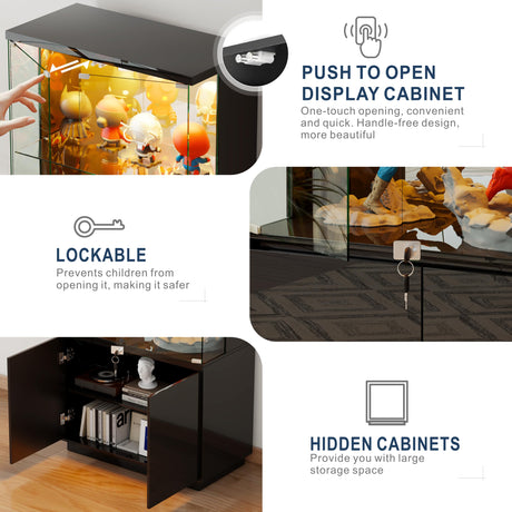 HNEBC 71'' Display Cabinet with Glass Doors&3 Color Lights&Lockable for Bedroom Black,High Gloss Curio Cabinet with Adjustable Glass Shelf 3-Tier Bookcase for Living Room HNEBC