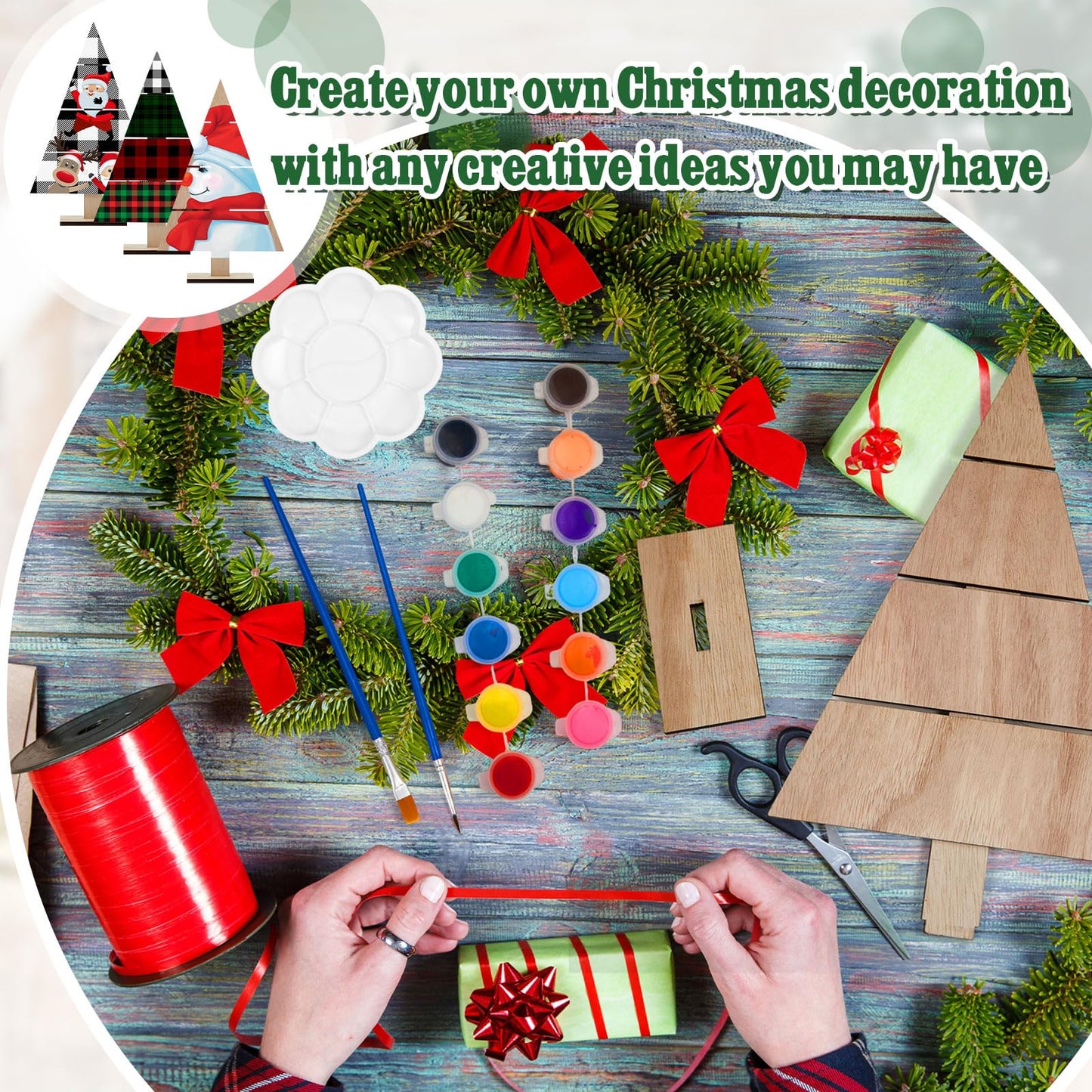 Soaoo 8 Pcs Christmas Standing Wood Pallet Christmas Tree Unfinished DIY Wooden Ornaments Kit Rustic Wooden Crafts 12 Colors Pigment Palettes and Paint Brushes(11.81 x 7.48 Inch)