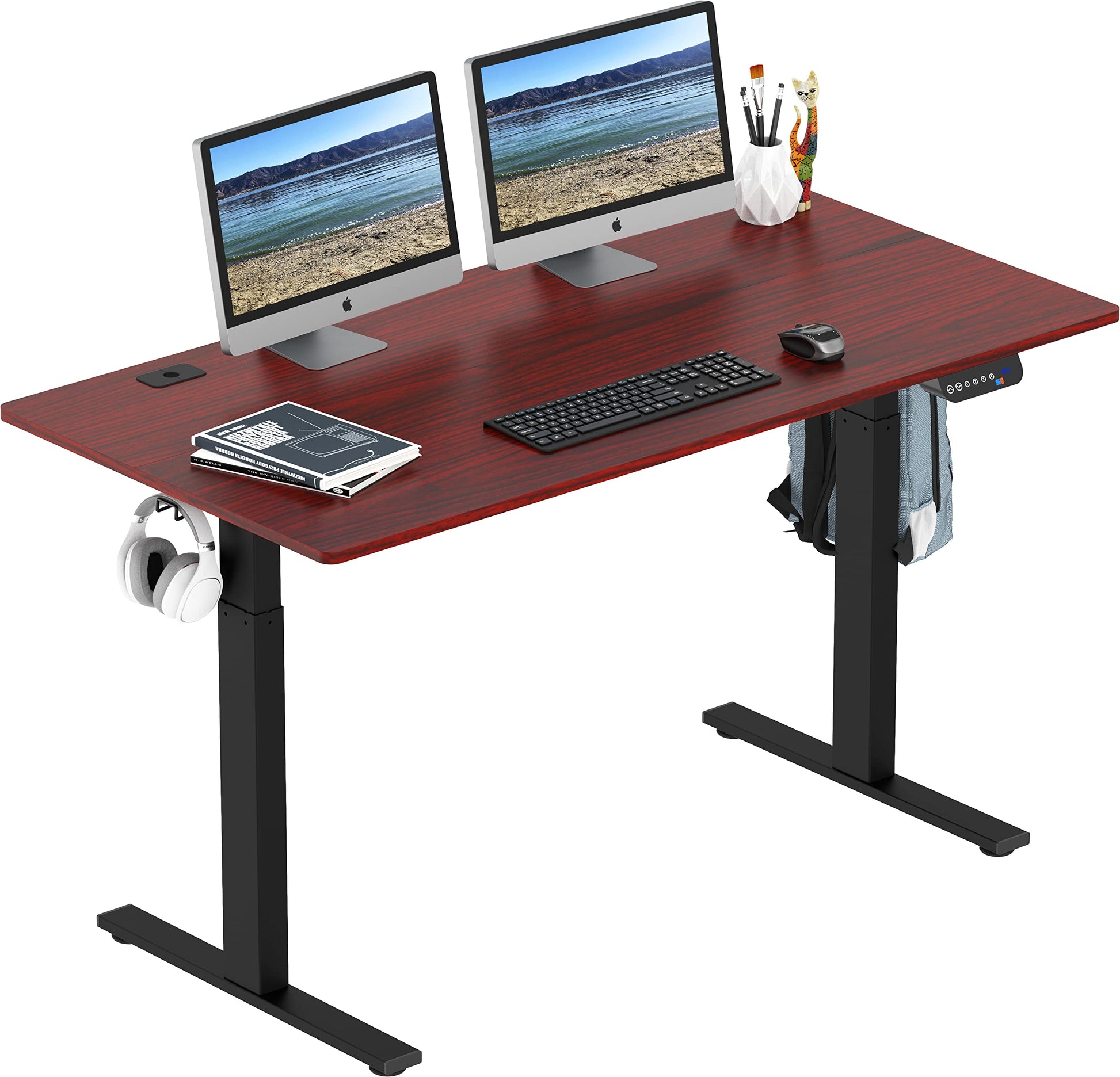 SHW 55-Inch Large Electric Height Adjustable Standing Desk, 55 x 28 Inches, Cherry - WoodArtSupply