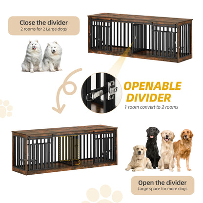 DWVO 86.6" Double Dog Crate Furniture for 2 Large Dogs, Heavy Duty Metal Dual Dog Kennel TV Stand Sliding Doors, Wooden Two Dog Cage Table with Dog Bowl for Extra Large Dogs, Rustic Brown