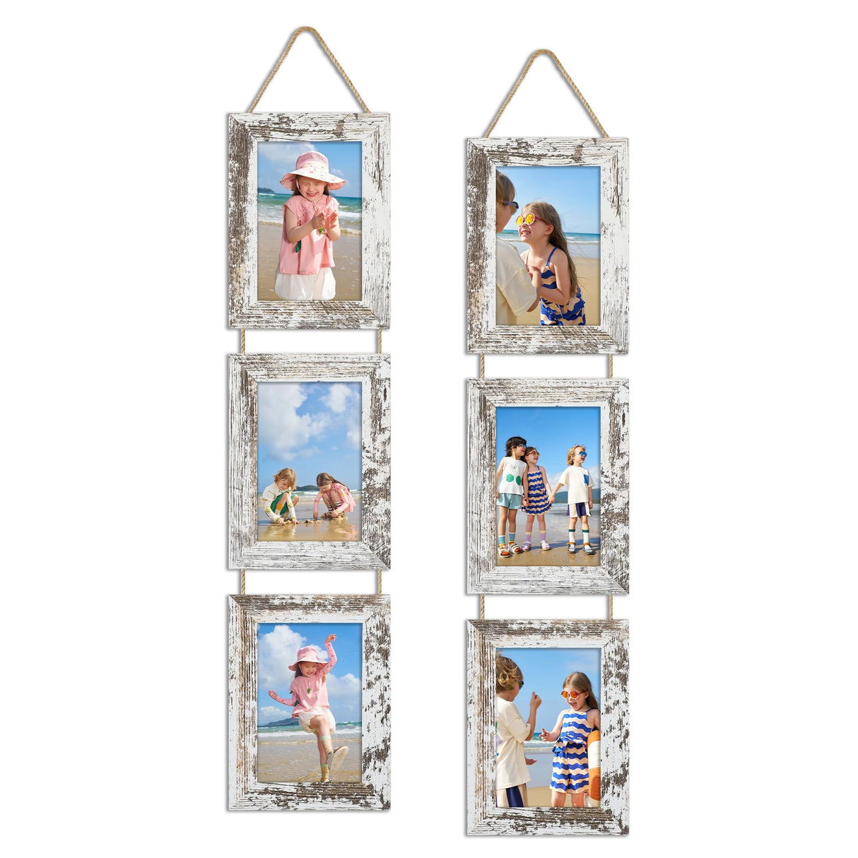 ccdcc 4x6 Collage Picture Frames Set of 2, Rustic Wooden Real Glass Vertical Hanging 3 Opening 4 by 6 Photo Frame, Distressed White ccdcc