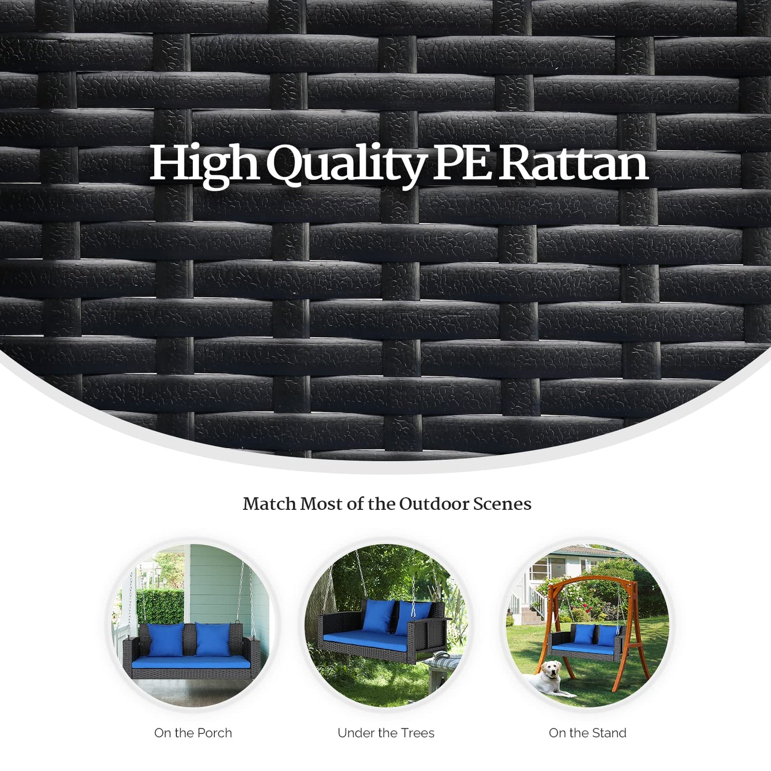 VINGLI Rattan Porch Swing, Heavy Duty 800 LBS Outdoor Hanging Seat with Extra Cushion and Adjustable Chain, The Porch Swing Seat Made by Wicker suits for Garden, Yard, Lawn (Black, 4 FT) VINGLI