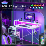 AODK Computer Desk, 48 Inch Gaming Desk with Led Lights & Power Outlet, Office Desk with Printer Storage Shelves, Reversible Desk with Monitor Shelf & Headphone Hook, White AODK