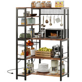 IRONCK Bakers Rack with Power Outlet, 5-Tier Corner Microwave Stand with Storage, Coffee Bar with 6 S-Shaped Hooks, Kitchen Shelves with Wire Basket IRONCK