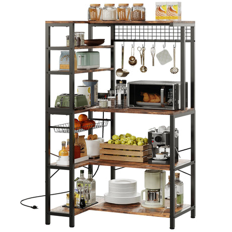 IRONCK Bakers Rack with Power Outlet, 5-Tier Corner Microwave Stand with Storage, Coffee Bar with 6 S-Shaped Hooks, Kitchen Shelves with Wire Basket IRONCK