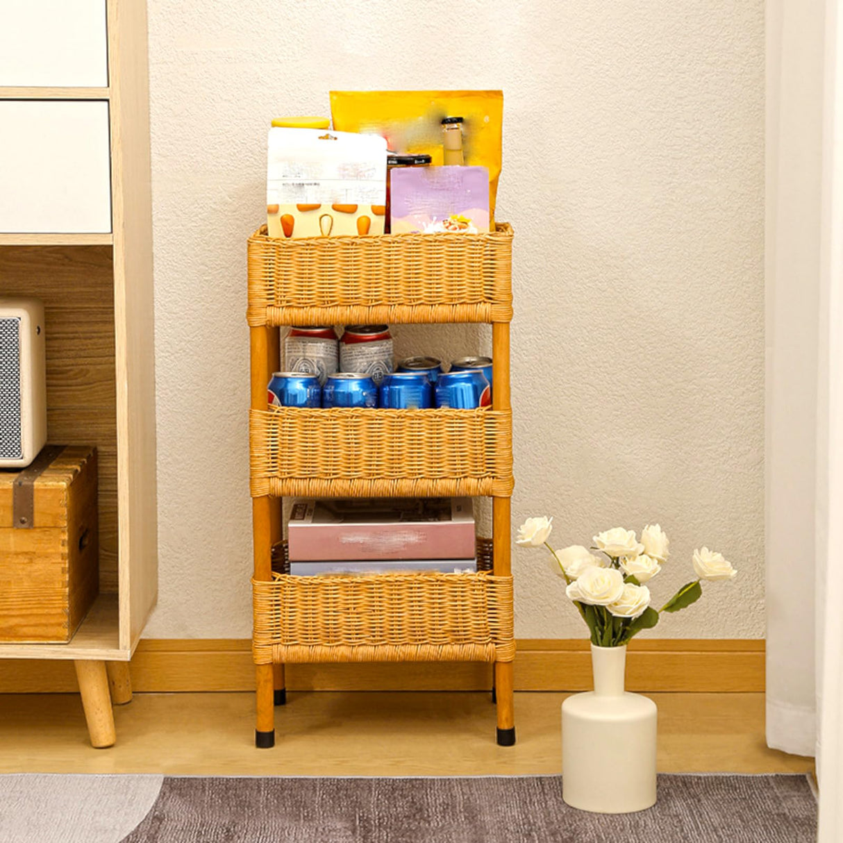 DJHK docor 3 Tier Wicker Basket Stand Storage Tower with Display Rack Standing Shelf Cabinet for Living Room, Bedroom, Kitchen, Bathroom DJHK docor