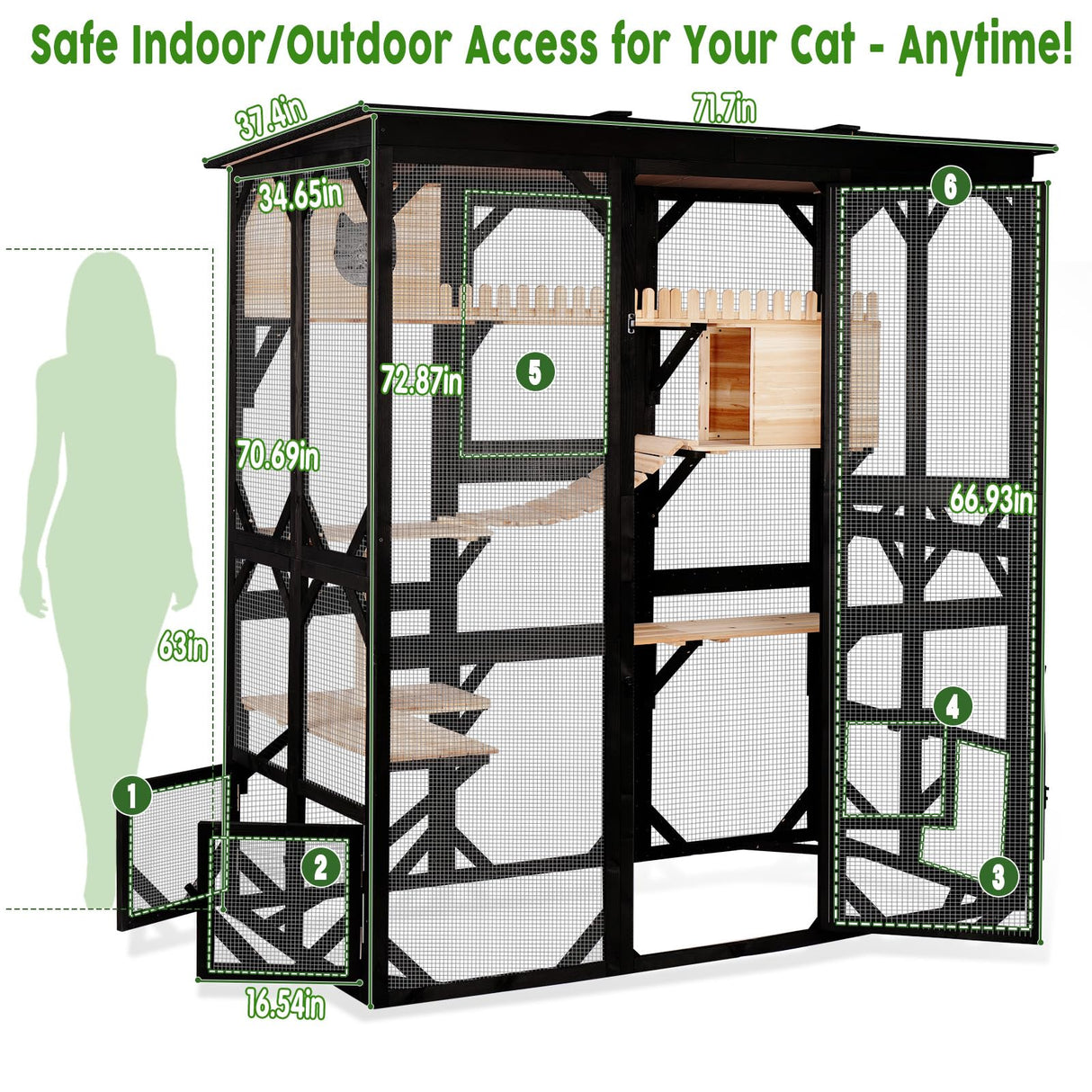 Catio Outdoor Cat Enclosure Wooden Cat House for Mulitiple Cats Walk-in Cage Window Acess with Heavy Duty Weather-Proof Asphalt Roof nicedday