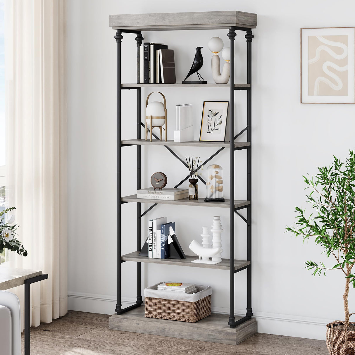 IDEALHOUSE Rustic 6-Tier Industrial Bookshelf with Metal Frame - Elegant Grey Storage Rack for Home and Office IDEALHOUSE