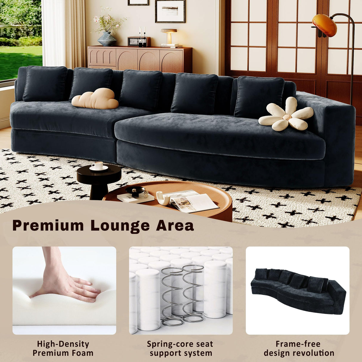 Merax Minimalist Curved Sectional Sofa with Five Throw Pillows, Chenille Upholstered Modular Sleeper Couch for Living Room, Bedroom, Guest Rooms, No Assembly Required, Navy Blue Merax