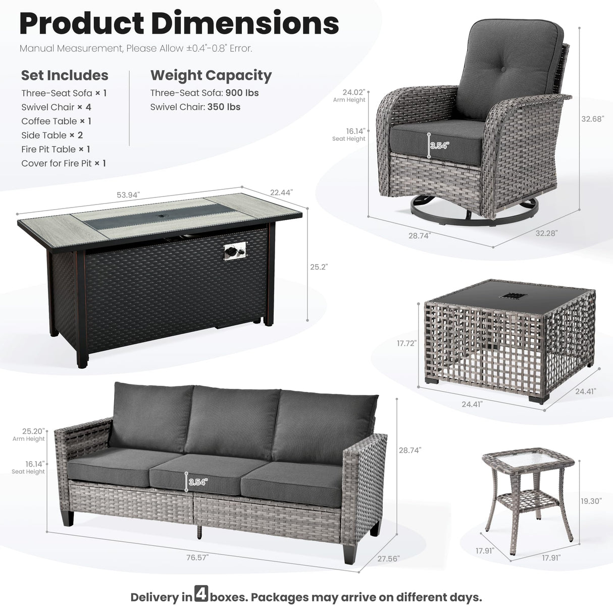 ovios 9 Pieces Patio Furniture Set, Outdoor Wicker Sofa Couch with Rocking Swivel Chairs Fire Pit Table, Modern Deep Seat Rattan Conversation Sets for Porch Deck, Black ovios