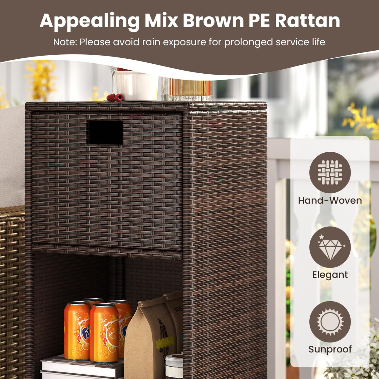 Tangkula Rattan Outdoor Storage Cabinet, Patiojoy Outdoor Wicker Cabinet with 3 Shelves, 1 Removable Drawer, 4 Wheels, Patio Storage Deck Box Cart for Backyard Poolside Porch (Mix Brown) Tangkula