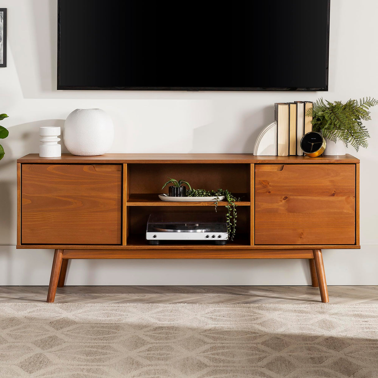 Walker Edison Modern 2 Door Solid Wood Stand for TVs up to 65 Inches, 58 Inch, Caramel Walker Edison