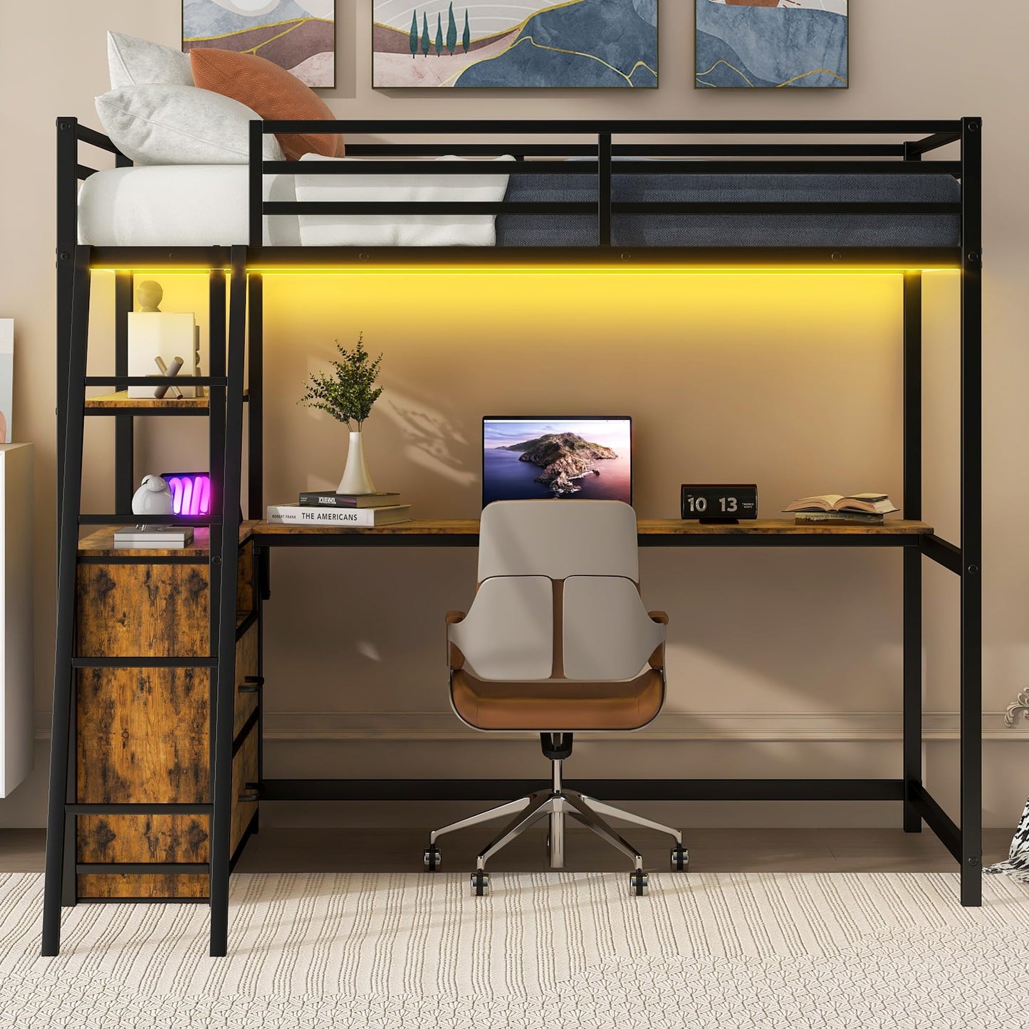 Harper & Bright Designs Metal Twin Loft Bed with Desk, LED Light & Storage Shelves,Heavy Duty Steel Loft Bed with 2 Built-in Drawers,Juniors Loft Bed Frame for Small Space,No Box Spring Needed,Black