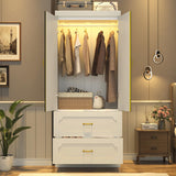 75" Tall 2 Doors Armoire Wardrobe Closet with Mirrors and LED Lights,Freestanding White Wardrobe Armoire for Bedroom with Drawers and Hanging Rod,Modern Armoire Storage Cabinet(2 Doors with Mirrors) jiteentarou