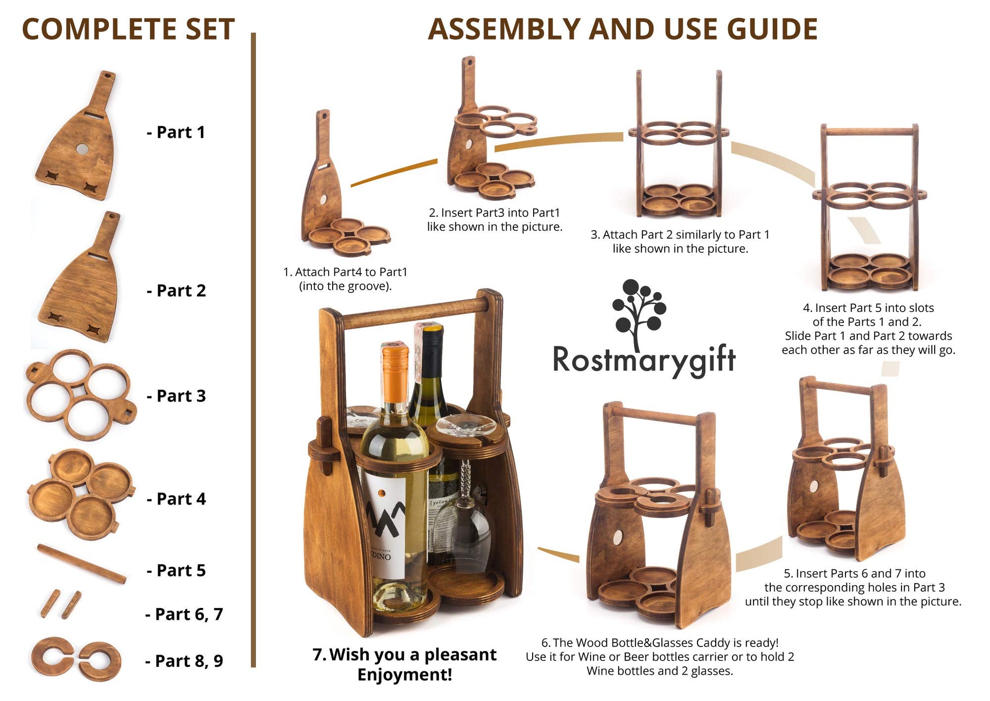 ROSTMARYGIFT Wood Wine Bottle Glasses Caddy - Beer Carrier - Drinking Desk Accessories Men's Wine Organizer - Glass Tray Holder - Wine Storage Stand - WoodArtSupply