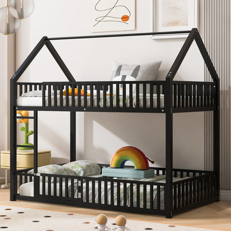 RuiSiSi Twin Over Twin Metal Bunk Bed, House Bunk Bed with Safety Guardrails and Roof Design for Kids, Twin Floor Bunk Beds for Bedroom, Space Saving, No Box Spring Needed, Black RuiSiSi