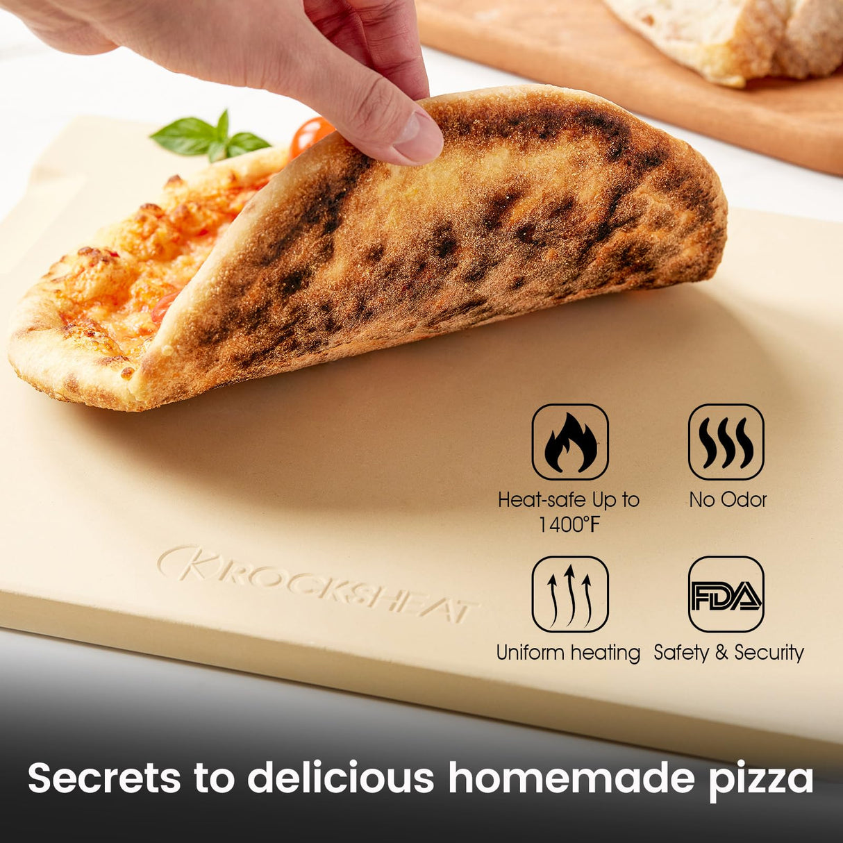 ROCKSHEAT Pizza Stone, 15"x12" Rectangular Pizza Stone for Oven Grill BBQ, Cordierite Baking Stone for Bread, Unique Built-in 4 Handles Cooking Stone ROCKSHEAT