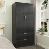 PPorfamilia 70" Wardrobe Closet with 2 Doors and 2 Drawers, Clothing Storage Cabinets with Hanging Rod, Modern Wooden Armoire Wardrobe Closet with Gold Handles for Bedroom Armoires Laundry PPorfamilia
