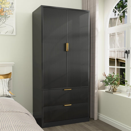 PPorfamilia 70" Wardrobe Closet with 2 Doors and 2 Drawers, Clothing Storage Cabinets with Hanging Rod, Modern Wooden Armoire Wardrobe Closet with Gold Handles for Bedroom Armoires Laundry PPorfamilia