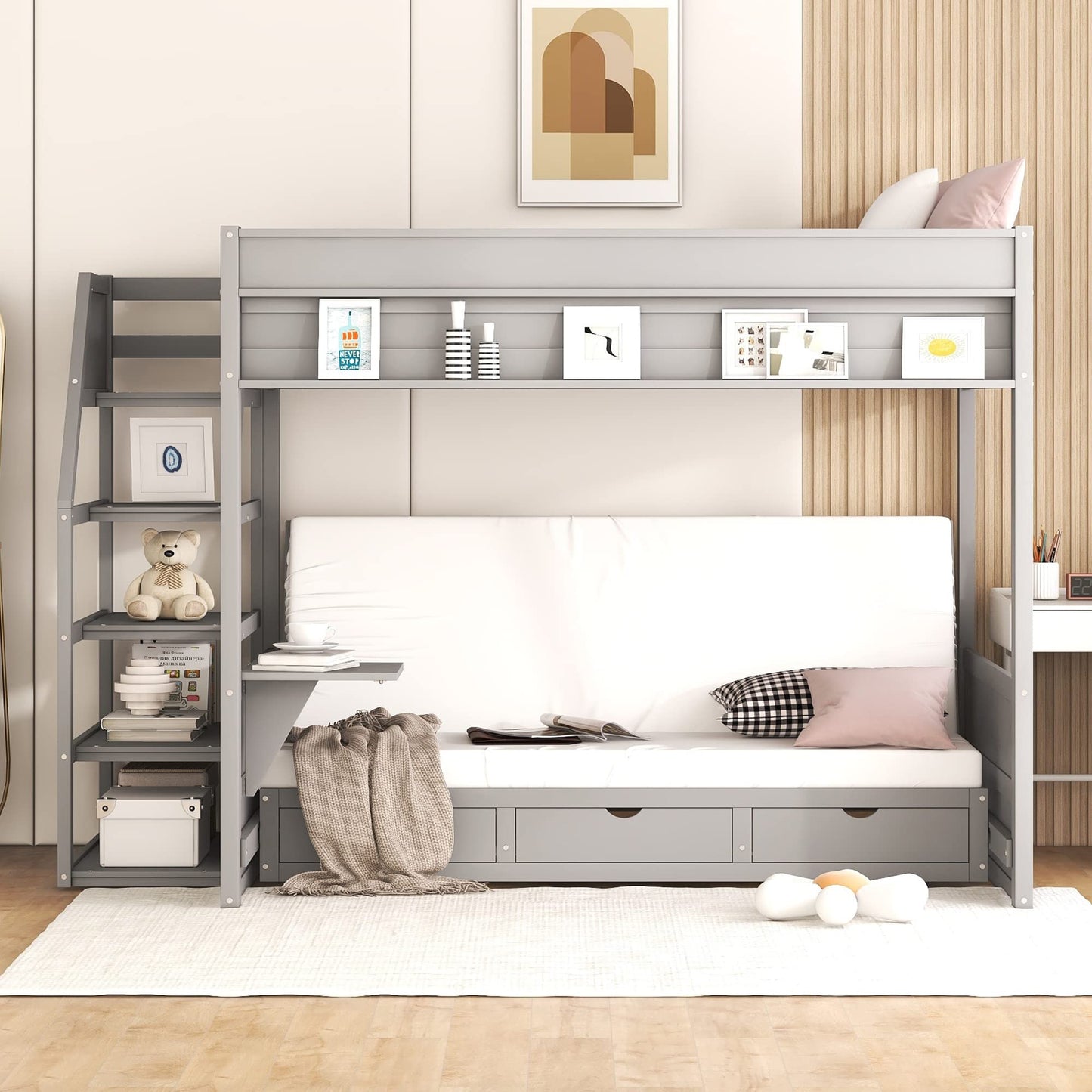 Convertible Full over Full Futon Bunk Bed with Stairs, Built-in Shelf, and Drawers in Grey - Harper & Bright Designs - WoodArtSupply