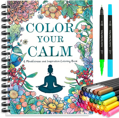 Adult Coloring Book for Women with 36 Dual-Tip Markers, 30 Patterns Spiral Bound Coloring Books for Adults Relaxation, Anxiety Relief Mindfulness Relaxation Gifts for Women