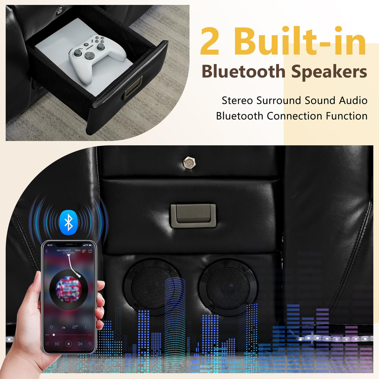 URRED Power Loveseat Recliner Sofa with Flipped Backrest Console, Wall Hugger RV Reclining Loveseat Sofa Couch with LED Light/Bluetooth Speakers/USB/Outlets/Cup Holders/Pillow/Side Pocket, Black URRED