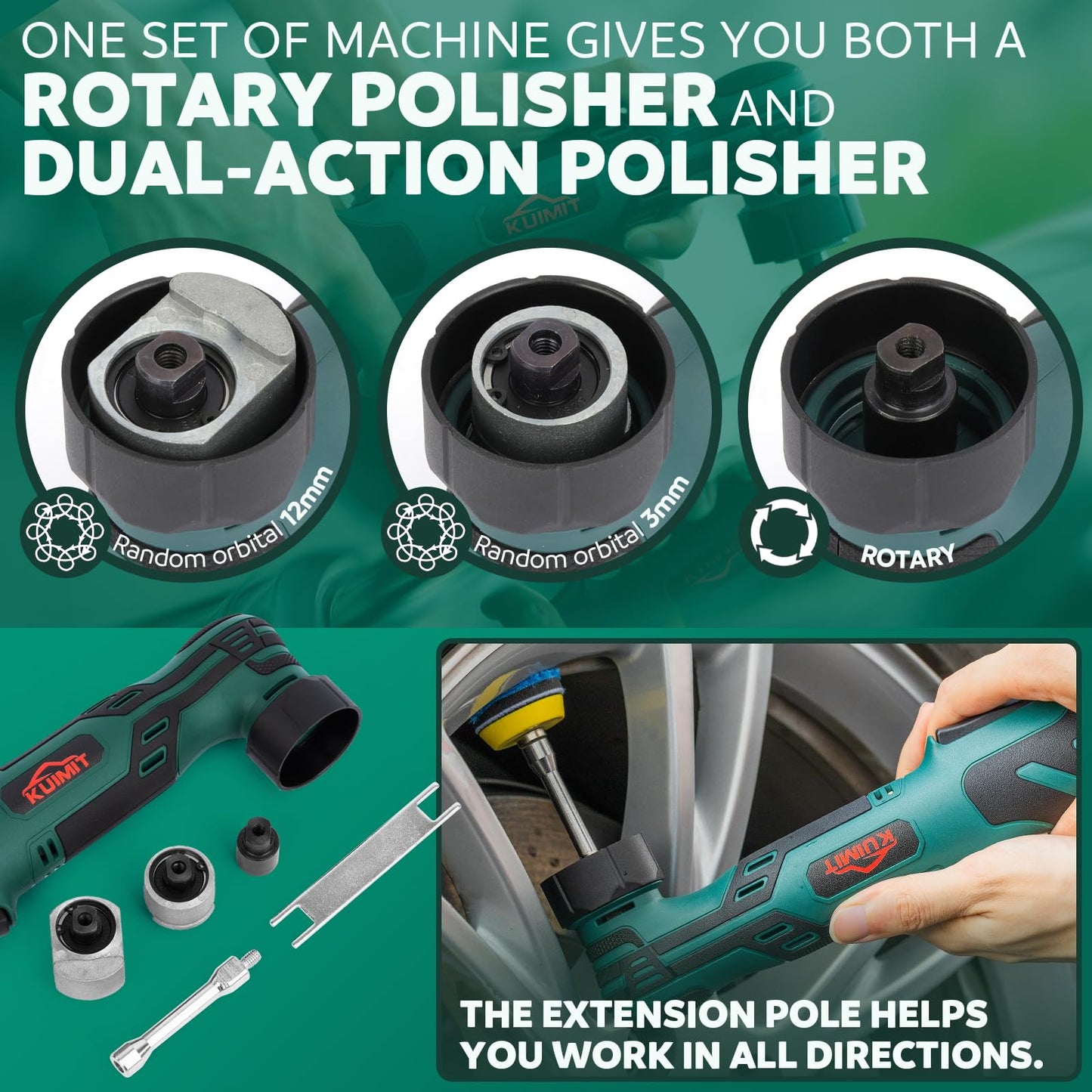 KUIMIT Cordless Mini Car Polisher, 12V Mini Polisher with 2/1.5 inch Backing Plate， RO/DA Mini Car Polisherwith 6 Variable Speeds 2500-6000RPM & 2x2.0Ah Batteries for polishing, Sanding and C - WoodArtSupply