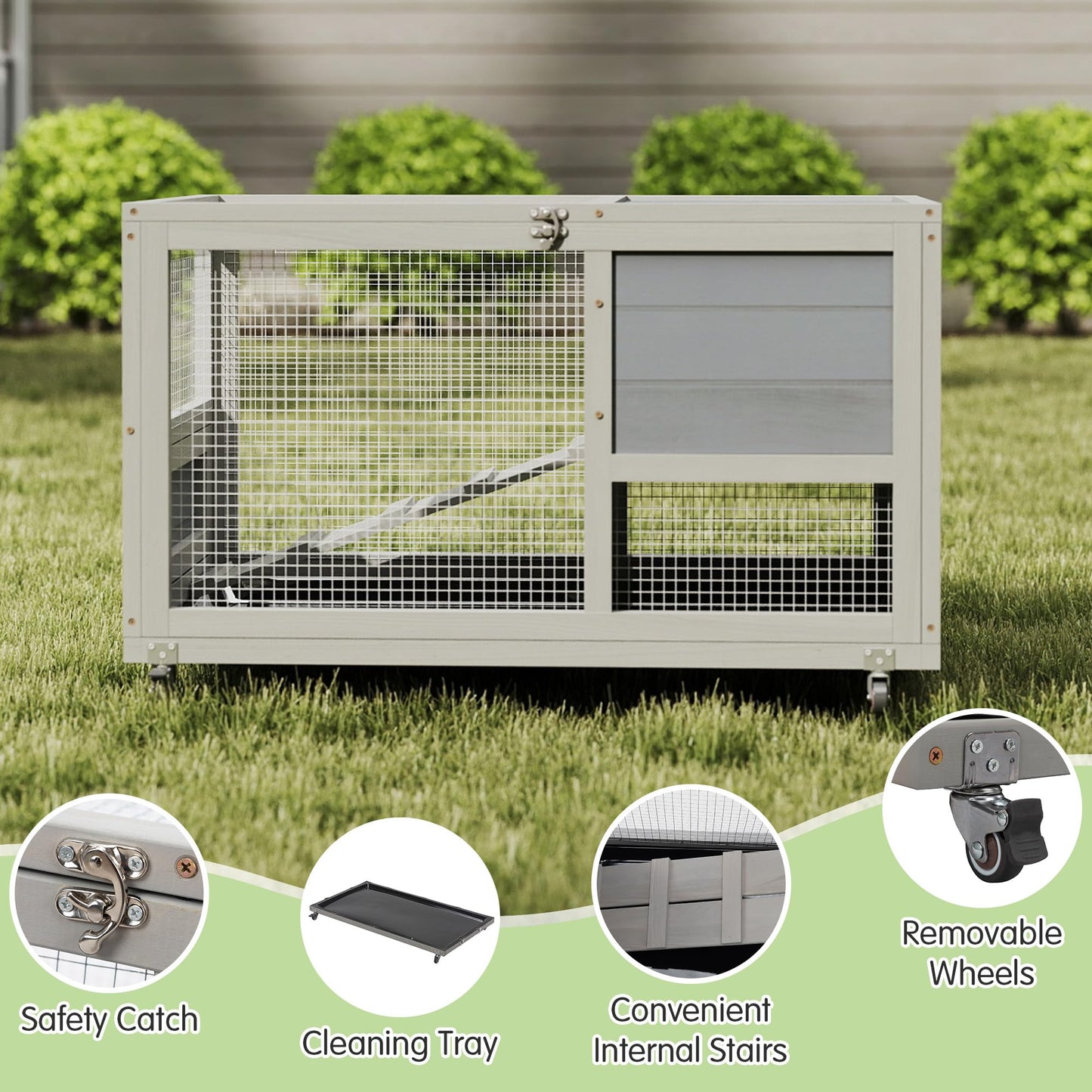 Wooden 36Inches Rabbit Hutch Indoor with Wheels Bunny Cage Outdoor Durable Wide Space Rabbit Cage with Tray, Openable Roof, Anti-Slip Ramp for Small Bunny Rabbit (Grey)