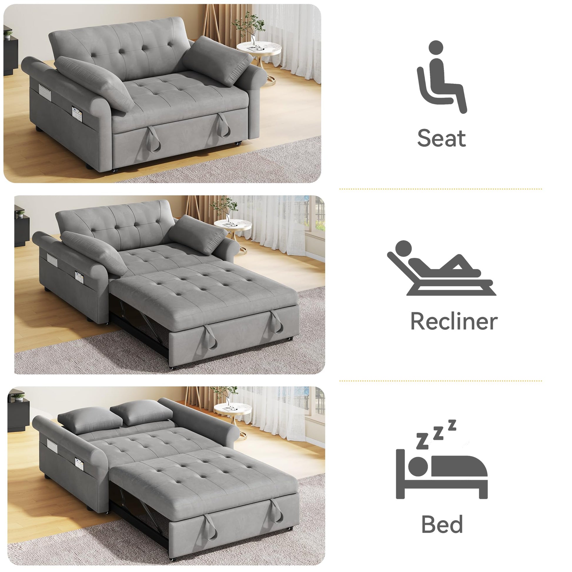 DWVO 3-in-1 Convertible Sofa Bed, 55'' Loveseat Sleeper Sofa Bed with Adjustable Backrest with 2 Pillows and Storage Bag, Modern Space Lounge Furniture for Living Room, Grey - WoodArtSupply