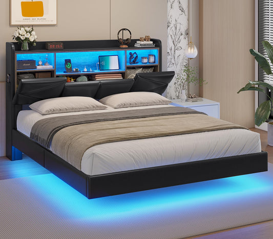 ADORNEVE Full Floating Bed Frame with Storage Headboard and LED Lights, Full Size Visual Floating LED Bed Frame with Charging Station, Leather Upholstered Platform Bed, Noise-Free, PU Black