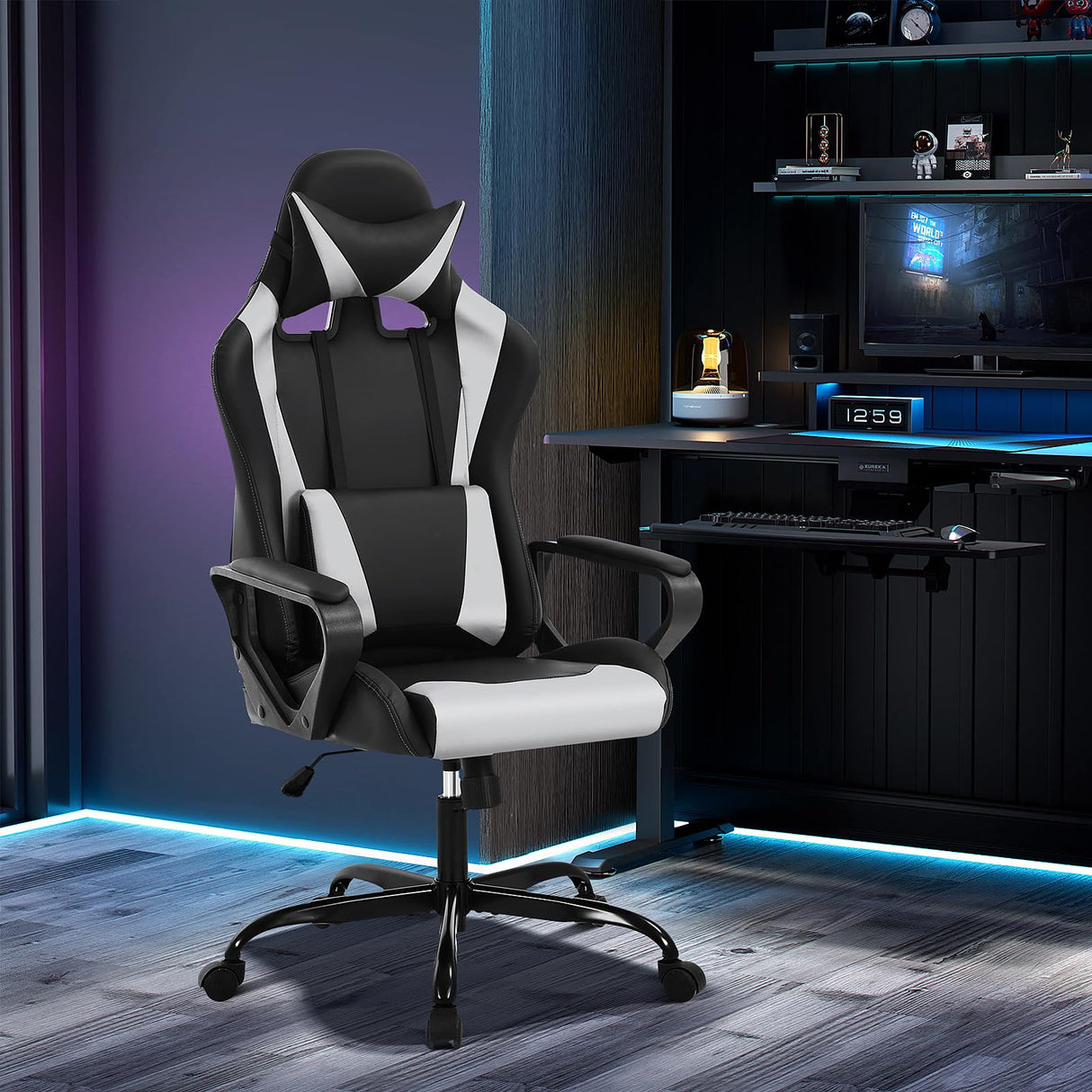 High-Back Racing Office Gaming Chair - PU Leather Reclining Computer Desk Chair with Lumbar Support and Swivel Function - Black Heavy Duty Executive Chair for Adults RROCOSIA