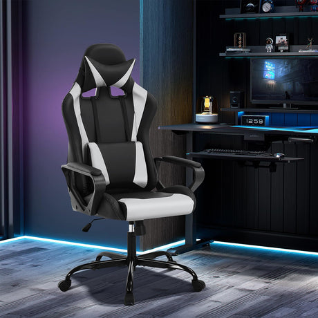 High-Back Racing Office Gaming Chair - PU Leather Reclining Computer Desk Chair with Lumbar Support and Swivel Function - Black Heavy Duty Executive Chair for Adults RROCOSIA