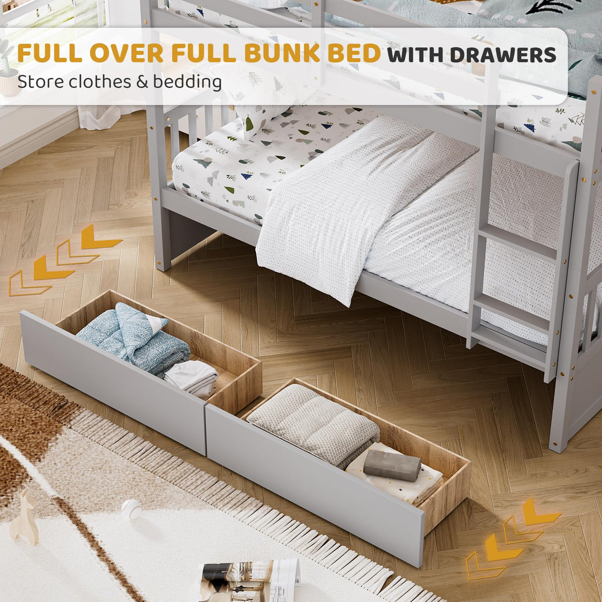 Rophefx Full Over Full Bunk Bed with Two Storage Drawers, Convertible Full Size Bunk Beds for Kids, Wooden Full Bunkbed Frame with Safety Rails and Ladders for Toddlers,Adult, Grey Rophefx