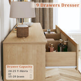 HUAHUU 9 Drawer Dresser for Bedroom, 60 Inch Long Dressers & Rattan Chest of Drawers, Large TV Stand for 55, 65, 70 Inch TV, Boho Style, Modern Dresser for, Living Room, Entryway, Bedroom, Natural Oak HUAHUU