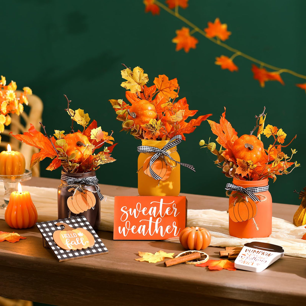 Jexine 18 Pcs Fall Thanksgiving Tables Centerpieces Pumpkin Maple Mason Jars Centerpieces for Table Decorations with Wood Signs Rope Farmhouse Fall Decor for Home Indoor Autumn Kitchen Dining Room Jexine